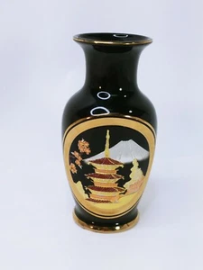 The Art of Chokin Small Black Vase 24K Gold Edging Pagoda & Mountains 6.25”Tall - Picture 1 of 6