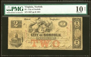 VA $2 City of NORFOLK Virginia May 10, 1861 PMG VG 10 JL TN10-07 - Picture 1 of 5