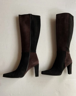 Botas Stuart Weitzman de gamuza negras/marrones hasta la rodilla cremallera completa tacón bloque talla 9.5B Foto 1 de 4