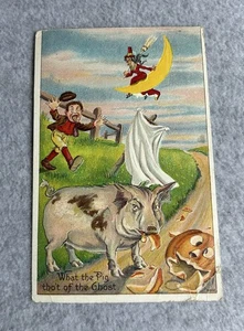 Halloween Was das Schwein nicht vom Geisterjungen Hexe im Mond 1910 Postkarte - Bild 1 von 8