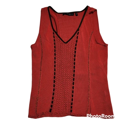 Lafayette 148 Sweater Top Sleeveless Tank Red Open Knit Semi-sheer Suede Trim - Imagem 1 de 4