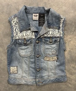 Harley Davidson Denim Jeans Gilet Frange Taglio Manica Teschio Maglia Design Donna M - Foto 1 di 5