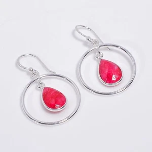 Round Silver Earrings Ruby Gemstone 925 Sterling Silver Earrings Handmade CE67 - Picture 1 of 6