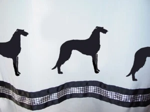 Scottish Deerhound Dog Shower Curtain White w/ black ribbon & black dogs SALE - Picture 1 of 7