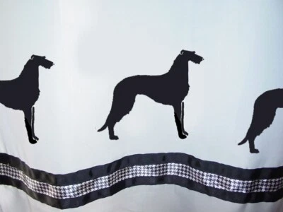 Scottish Deerhound Dog Shower Curtain White w/ black ribbon & black dogs SALE - Image 1 of 4