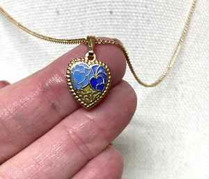 Emaille Blumen Herz Anhänger Halskette blau/grün Emaille Farben - 16" Kette - Bild 1 von 4