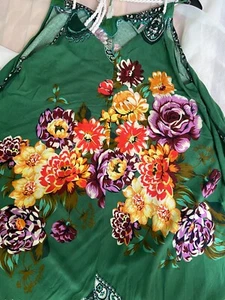 FARM RIO SUNDRESS IN GREEN LARGE FLORAL PRINT HANDKERCHIEF STYLE ROPE STRAPS M - Picture 1 of 13