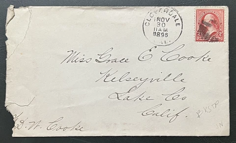 1896 CLOVERDALE CALIFORNIA COVER WITH KELSEYVILLE BACKSTAMP CANCEL Cover