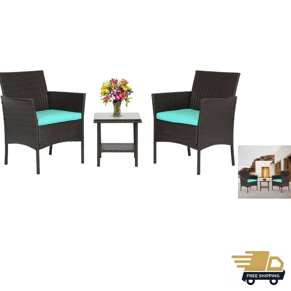 FDW 3 Piece Outdoor Furniture Set Patio Brown Wicker 3 Pieces and Blue