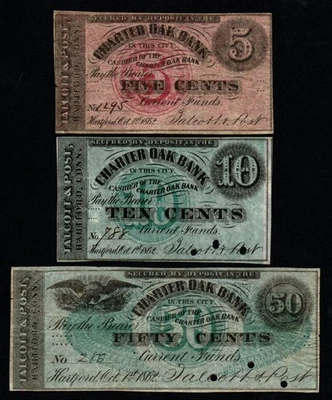 (3) 5c, 10c, 50c 1862 Charter Oak Bank, Hartford, CT Obsolete Notes! - Image 1 of 2