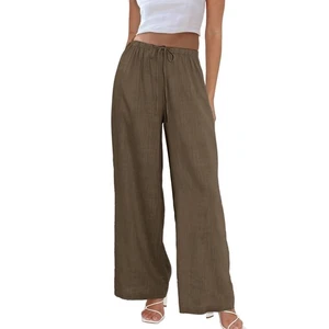 Damen Baumwolle Leinen Palazzo Hose Kordelzug Elastische Taille Leger Weites Bein Tr... - Bild 1 von 7