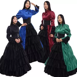 Women Dress Ball Gown Civil War Costume Party Long Sleeve Bowknow With Bustle - Picture 1 of 40