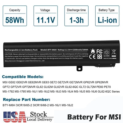 Batería para portátil 58Wh BTY-M6H para MSI GE62 GE63 GE72 GP62 GP72 GL62 GL72 GP63 GE75 Foto 1 de 4