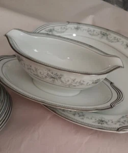 Noritake Colburn Platter, Gravy Boat & (12) 5-1/2"Bowls SET Gray/Blue Platinum - Picture 1 of 14