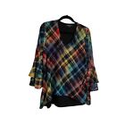 Caleoos Plaid Multicolor Bell Ruffle Sleeves Top Blouse V Neck Womens Size L