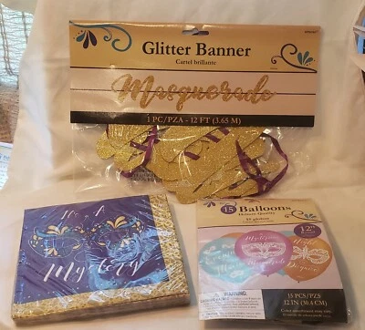 Máscara de Mardi Gras Temática Servilletas Globos Banner Combo Mascarada Foto 1 de 4