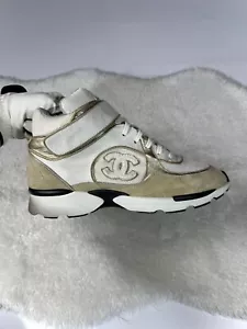 Chanel CC High Top Sneakers White Gold Authentic 39 luxury shoes rare vintage - Picture 1 of 12