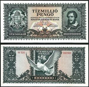 HUNGARY 10,000.000 (10 MILLION)PENGO 1945 AU LAJOS KOSSUTH AND DOVE WITH OLIVE B