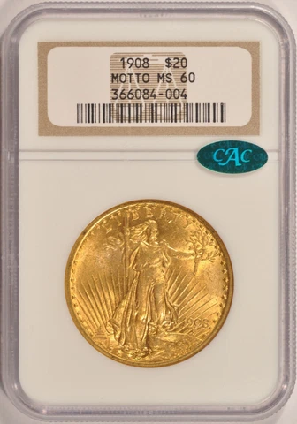 1908 Motto $20 Saint Gaudens Gold Double Eagle NGC MS60 CAC Approved Pre-33 Gold Cover