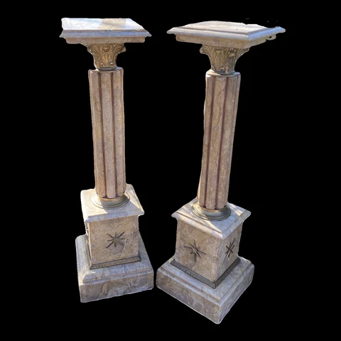 French Louis XVI Beige Marble Pedestals With Bronze - 2 pieces Cover