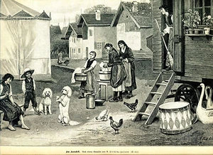 Am Karussell--Fahrendes Volk --Pudel--Hühner--Gänse -  Holzstich -- aus 1898 - - Picture 1 of 1