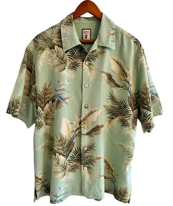 Jamaikanisches Jaxx Hemd Herren 100% Seide Palme Hawaii Button Down Grün & Creme - Bild 1 von 12