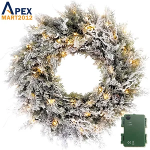 24in Pre-Lit Artificial Snow Flocked Garland Christmas Wreath Holiday Decoration - Picture 1 of 8