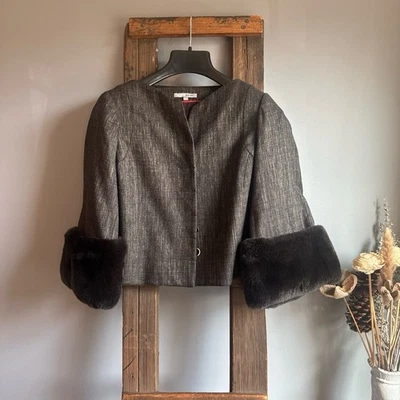 BILL BLASS NY Cropped Jacket Women Sz 4 Brown Gold Tweed Rabbit Fur Cuffs Luxe - Image 1 of 4