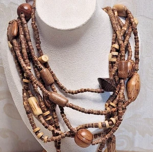 VINTAGE MULTI-STRAND WOOD BEAD NECKLACE BOHO TRIBAL STATEMENT JEWELRY - Picture 1 of 6
