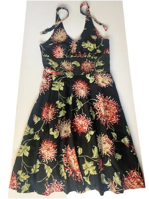 Donna Ricco - Vintage New York Black Floral Cotton Halter Top Vneck Dress - D4 - Image 1 of 4