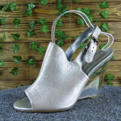Nine West Tobago Women 9 Silver Leather Slingback Peep Toe Clear Wedge Heels - Image 1 of 4