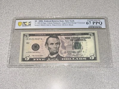 2006 $5 Federal Reserve Note FR1993-B* PCGS Superb Gem UNC 67PPQ Amazing Quality - Image 1 of 4
