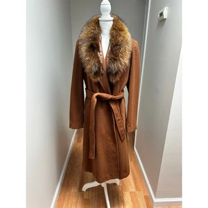 Ellen Tracy Vintage Wollmantel mit Fell gefüttert braun camel Größe Medium - Bild 1 von 10