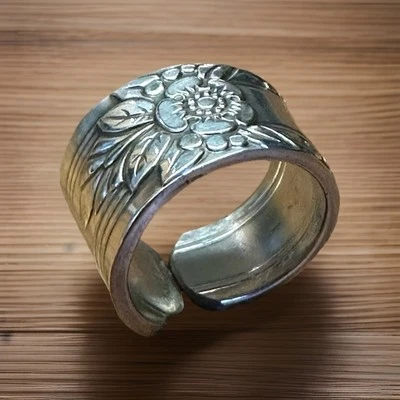 Anel colher floral vintage prata prato anel banda up ciclo presente para ela tamanho 8 - Imagem 1 de 4