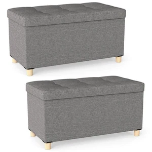 2PCS 30” Storage Ottoman Bench w/Tray Rubber Wood Legs for Small Space Entryway - Picture 1 of 9