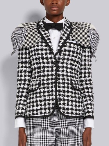 Thom Browne Giacca donna a quadri con spalle bianche nere tweed classico