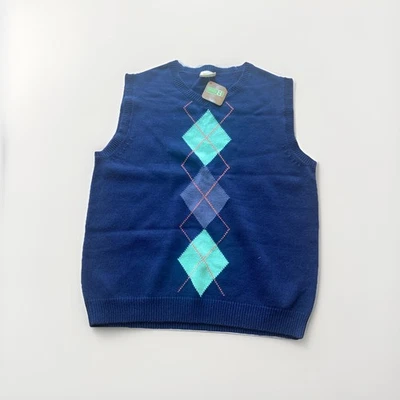 Crazy 8 蓝色毛衣绿色和红色设计无袖 14 码青少年 XL — 第 1/3 张图片