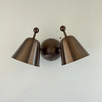 Vintage Twin Bell Wall Lamp  Antique Brass Double Shade Wall Sconce - Image 1 of 4