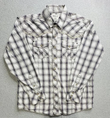 Рубашка мужская Ariat большая серая белая клетчатая вестерн жемчуг застежка ретро крой с длинным рукавом - Изображение 1 из 4