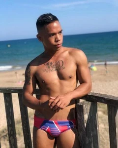 Men's Addicted Swimwear Graphic Logo, Awesome fit, Body Flattering Red/Royal Blu - Picture 1 of 9
