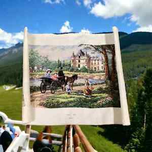 BEAUTIFUL Handmade Needlepoint Tapestry Unframed Castle Horse Carriage 
