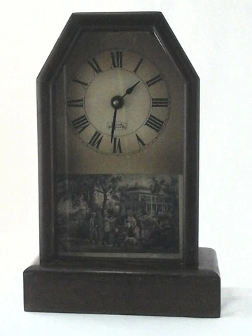 WUERSCH Fall River Mass Wood Mantle Clock COLONIAL SCENE Germany * NOT WORKING * Cover