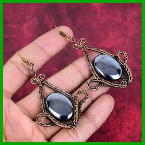 Copper Oval Shungite Gemstone Wire Wrapped Drop Dangle Wife Gift Boho Earrings - Picture 1 of 6