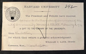 1916 HARVARD UNIVERSITY Cambridge Mass Notification Card to Author of Book - Picture 1 of 7