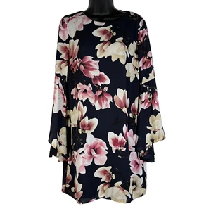 Nicole Miller Women Shift Dress Navy Floral 4 Long Sleeve Back Zip Chiffon Lined - Picture 1 of 16