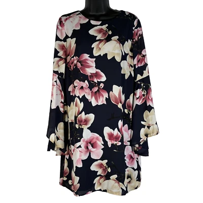 Nicole Miller Women Shift Dress Navy Floral 4 Long Sleeve Back Zip Chiffon Lined - Image 1 of 4