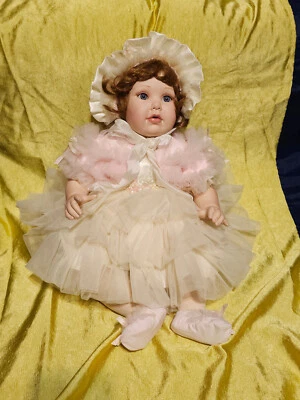 Marie Osmond Porcelian Doll Red Hair Pink & White Ruffles - Image 1 of 4