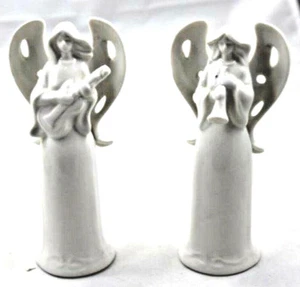 3 White Ceramic Angels Playing Instruments Horn Guitar Accordian 6.5" - Picture 1 of 5