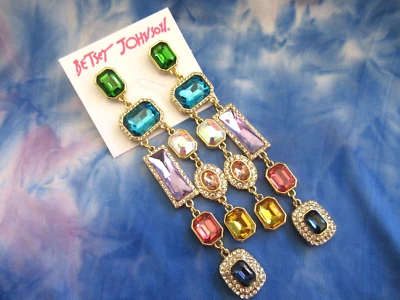 Betsey Johnson Linear Glass Lucite Crystal Multi-Color Earrings NEW - Image 1 of 4