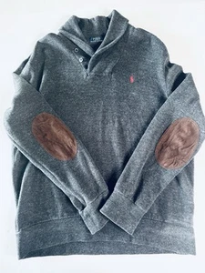 Polo Ralph Lauren Shawl Button Collar Men's XL Gray Elbow Patch Sweater XL Pony - Picture 1 of 16